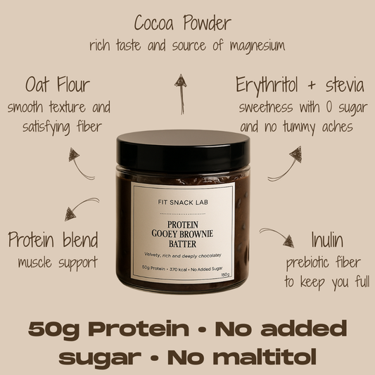 Protein gooey brownie batter container with health benefits listed on a beige background
