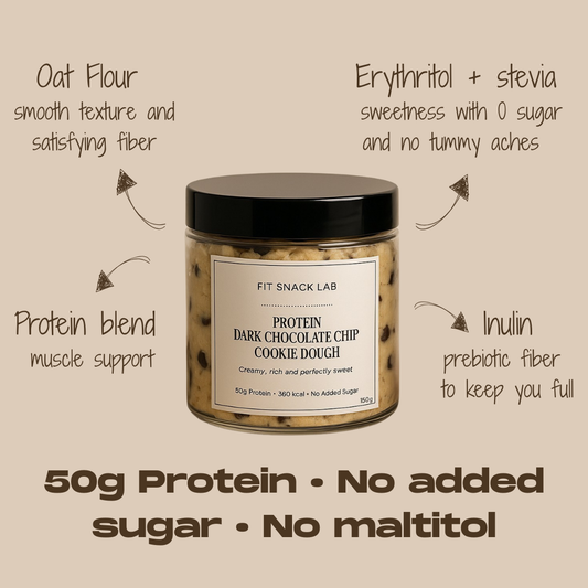 Fit Snack Lab Protein cookie dough jar with a benefit label on a beige background