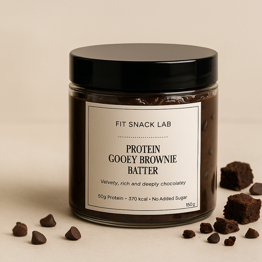 Jar of Fit Snack Lab Protein Gooey Brownie Batter with brownies and chocolate chips on a beige background
